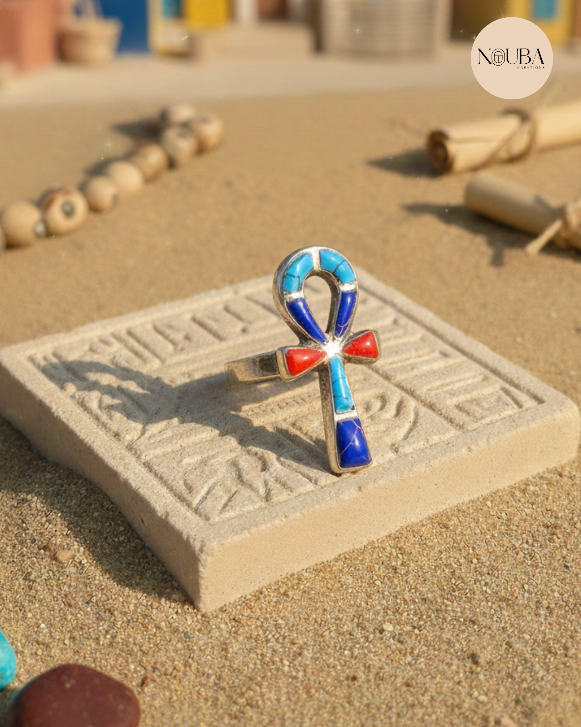 Bague Ankh Pharaonique en Argent 925 & Pierres – Symbole de Vie Éternelle