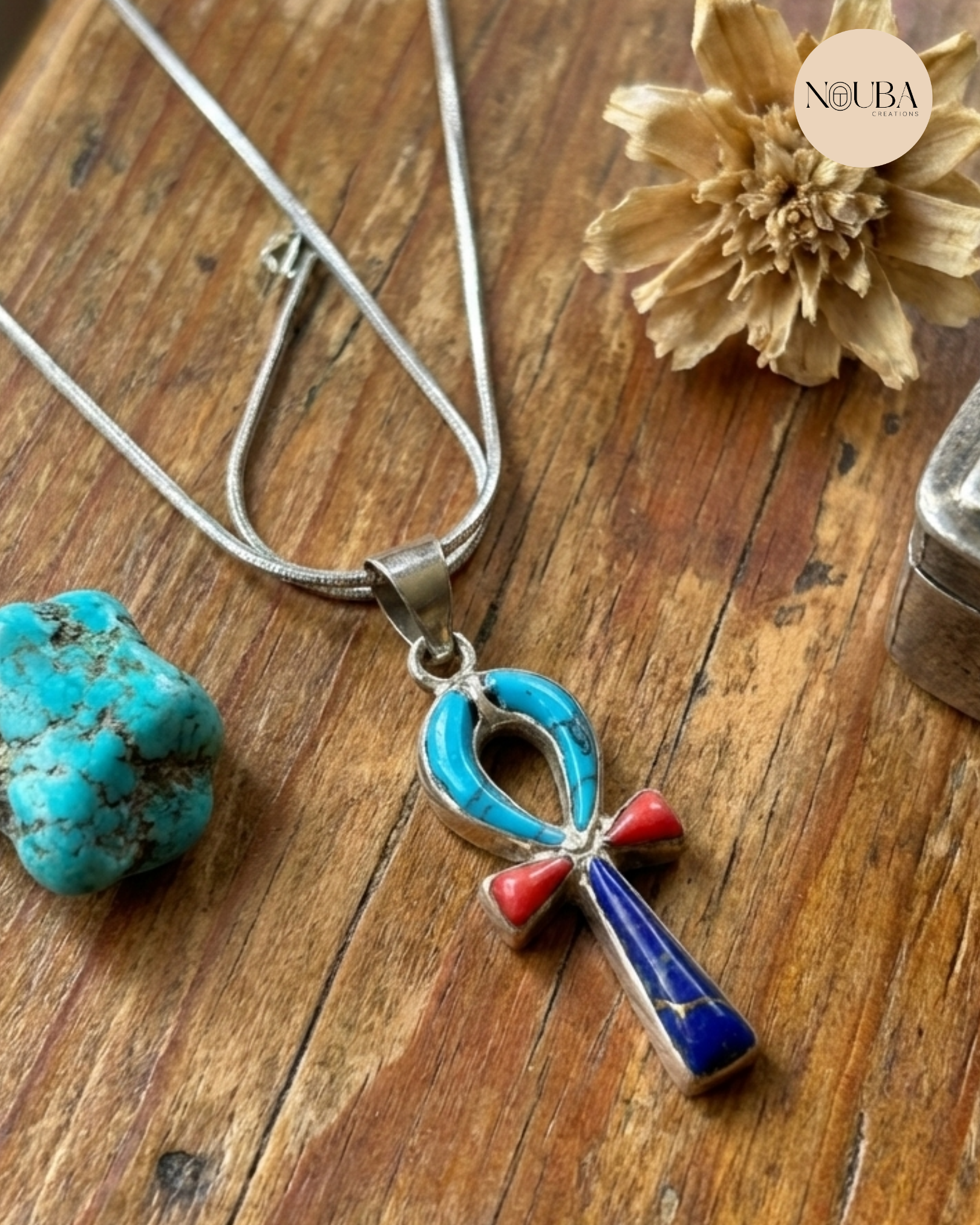 Pendentif Ankh en Argent 925 avec Pierres – Symbole de Vie de l’Égypte Ancienne