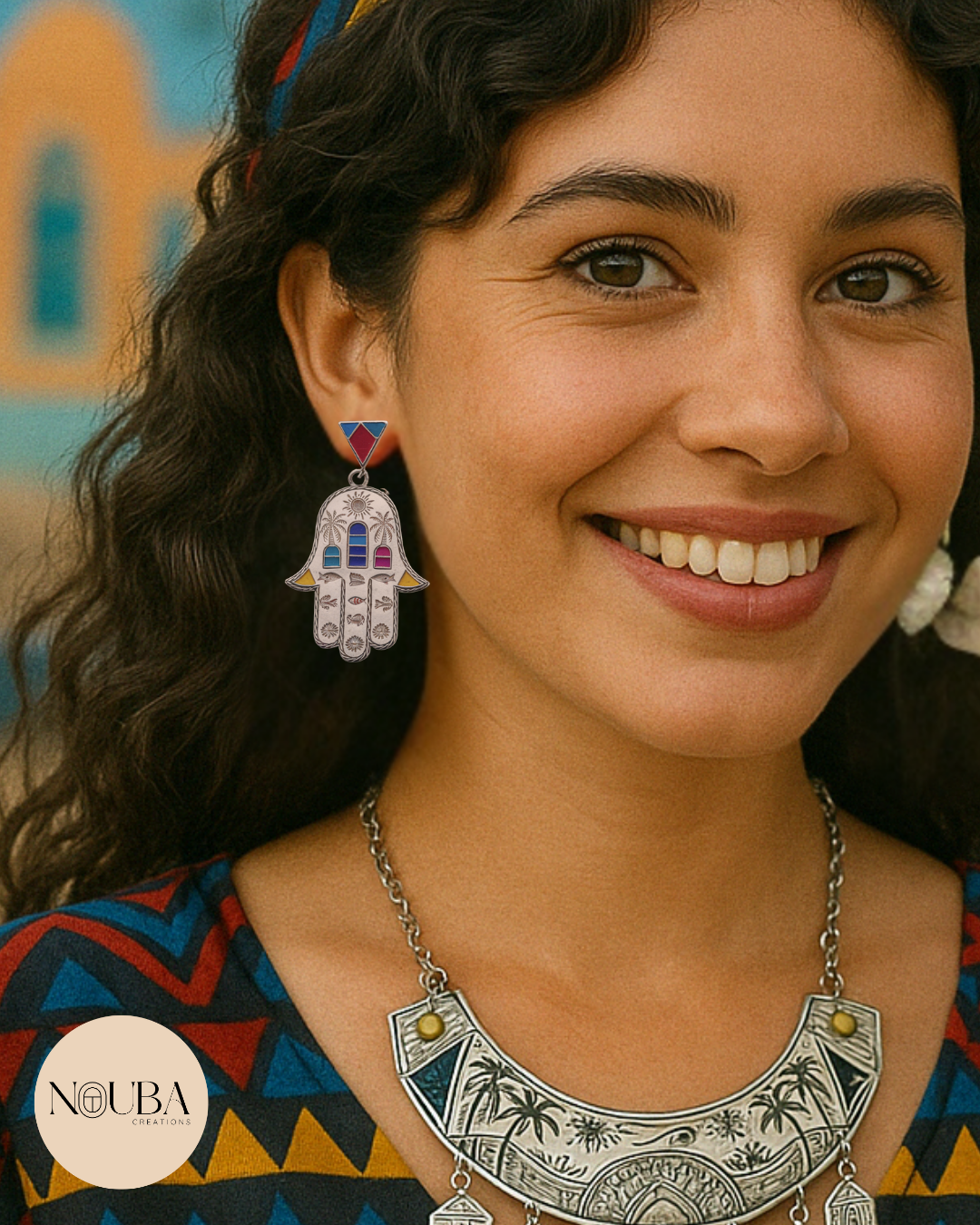Boucles d’Oreilles Khamsa en Argent 925 – Émaillées à la Main – Artisanat Oriental