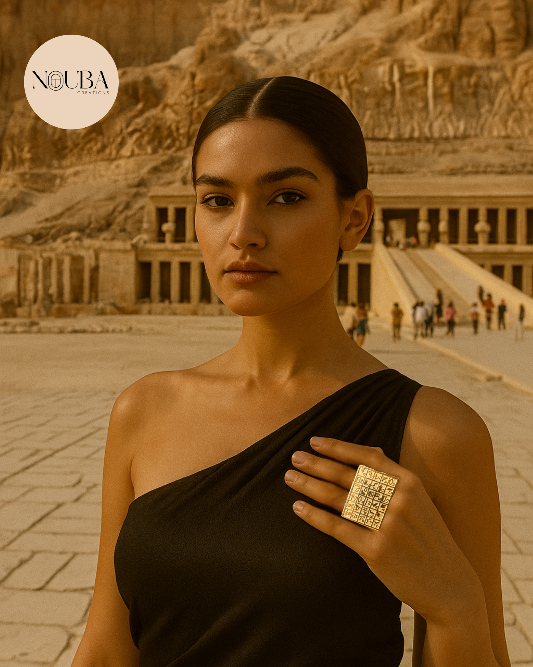 Bague Pharaonique Rosetta – Hiéroglyphes Gravés – Laiton Plaqué Or 18K