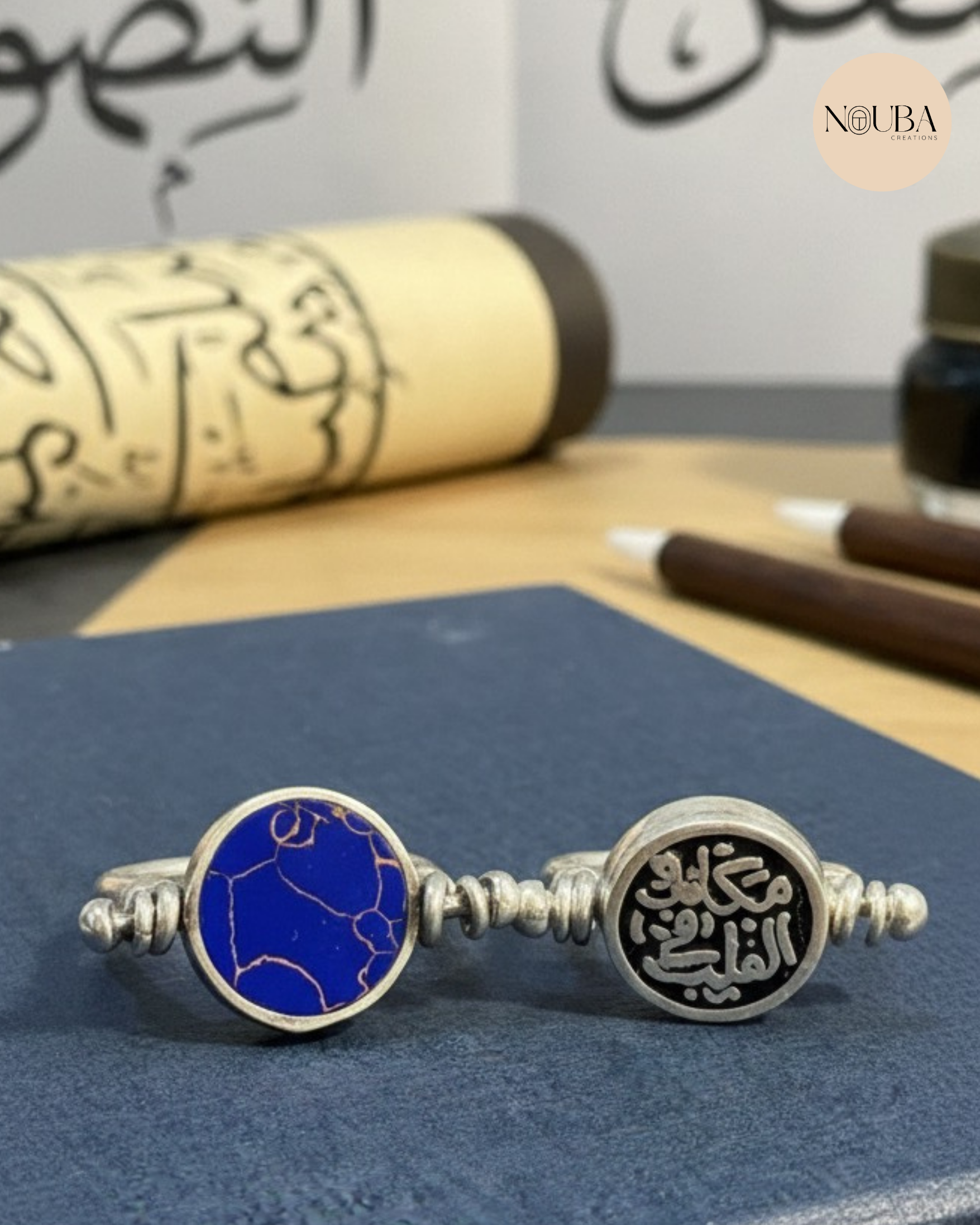 Bague Double Face Argent 925 – Pierre Semi-Précieuse & Calligraphie Arabe “Ton lieu est mon cœur”