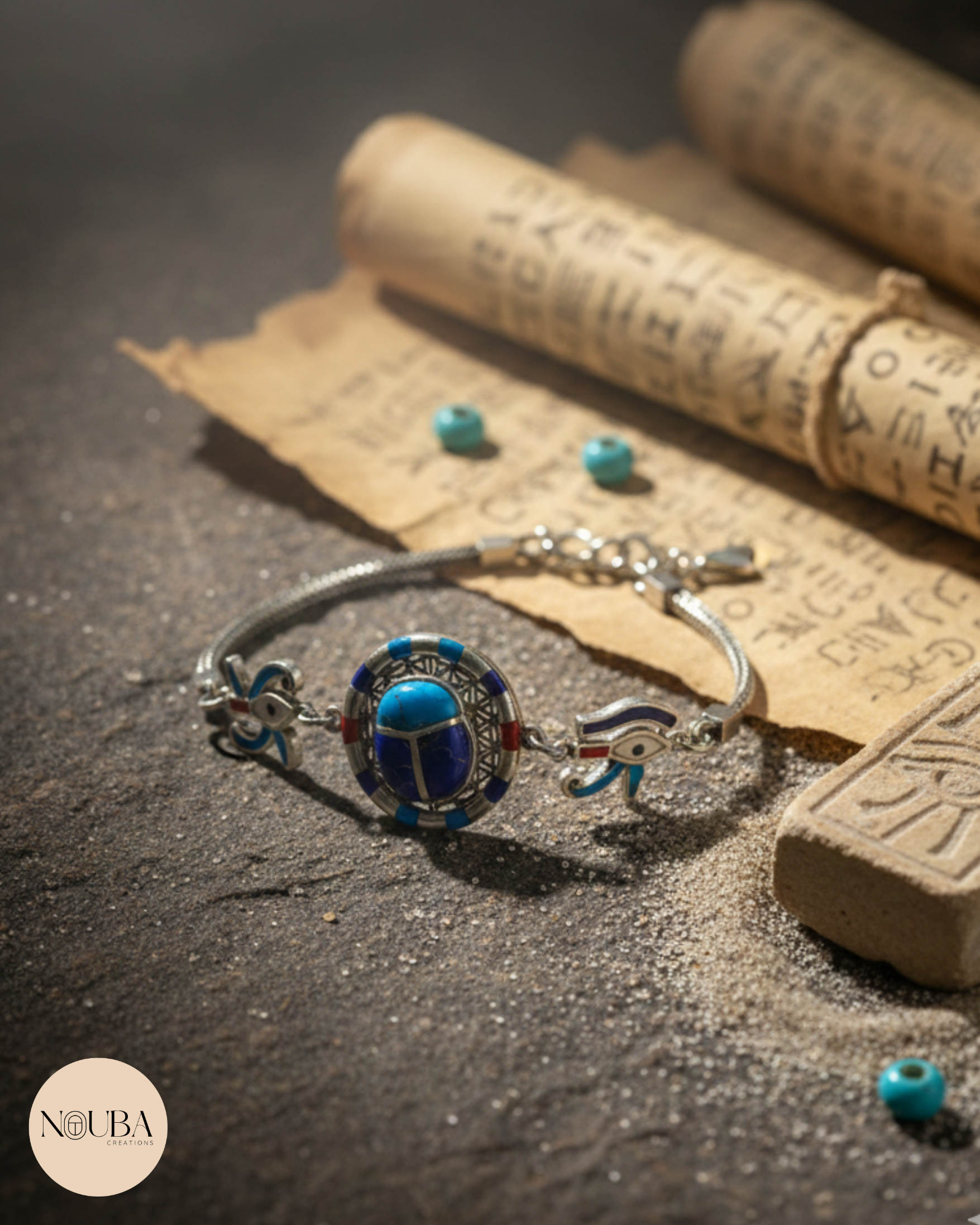 Bracelet Pharaonique en Argent 925 – Scarabée & Œil d’Horus – Pierres Naturelles