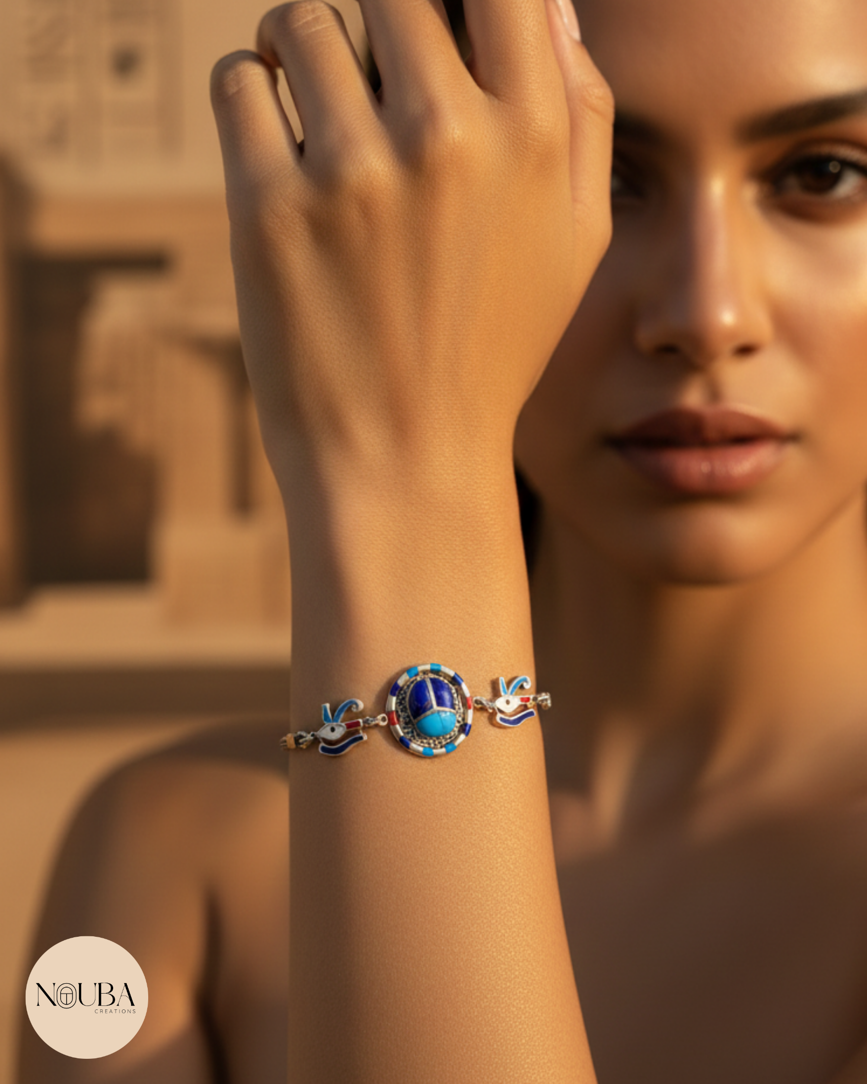 Bracelet Pharaonique en Argent 925 – Scarabée & Œil d’Horus – Pierres Naturelles