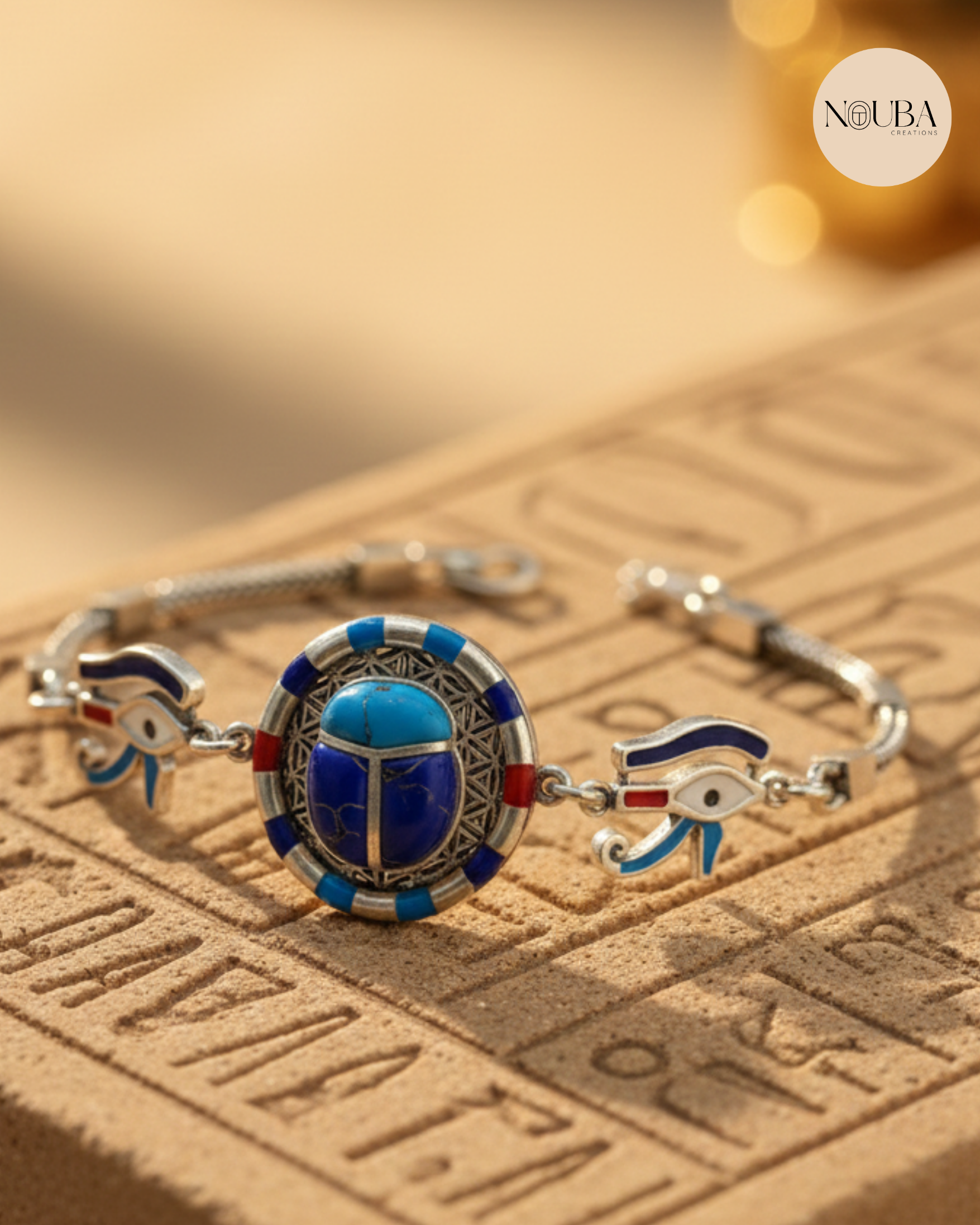 Bracelet Pharaonique en Argent 925 – Scarabée & Œil d’Horus – Pierres Naturelles