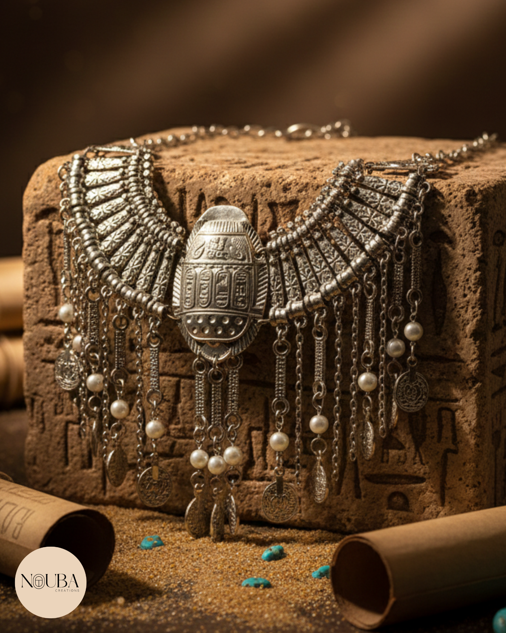 Collier Pharaonique en Cuivre – Scarabée Royal & Détails Sculptés à la Main