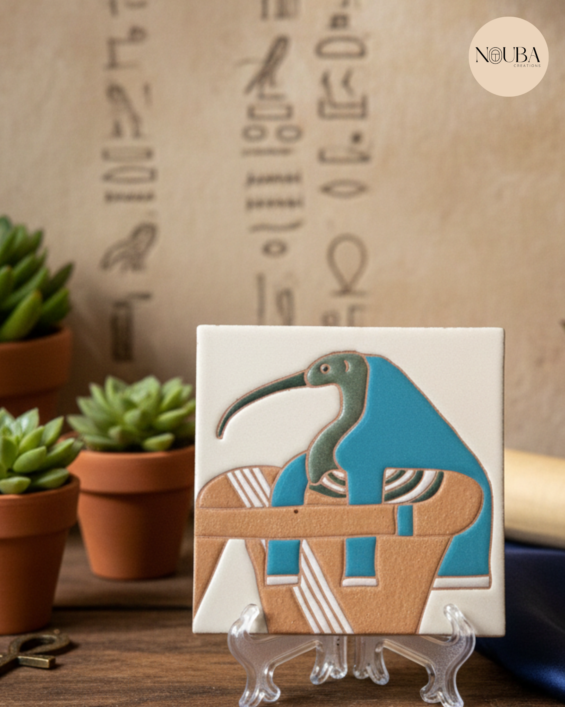 Sous-verre céramique Thot – Ibis sacré | Peint à la main – Style pharaonique