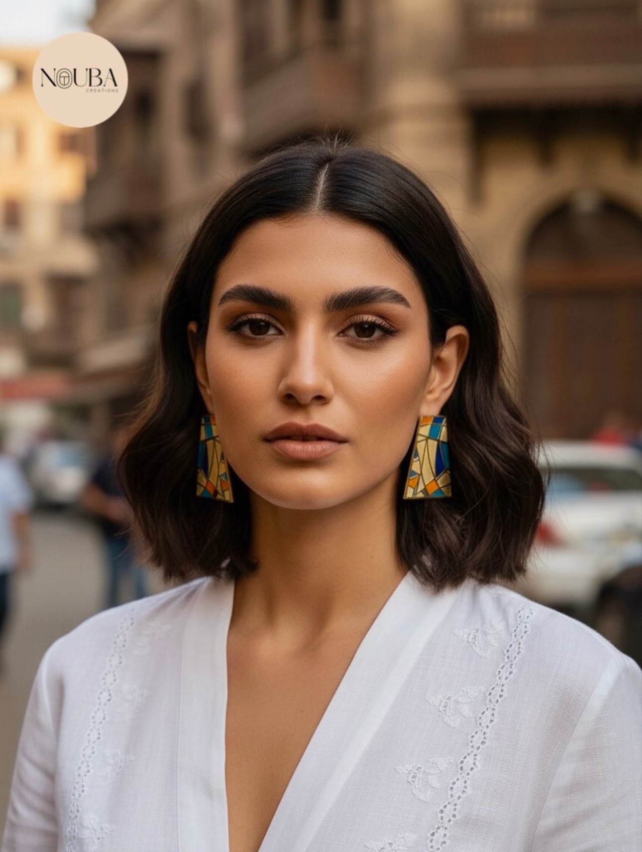 Boucles d’Oreilles Mosaïque Orientale – Doré & Émaillé Bleu/Orange