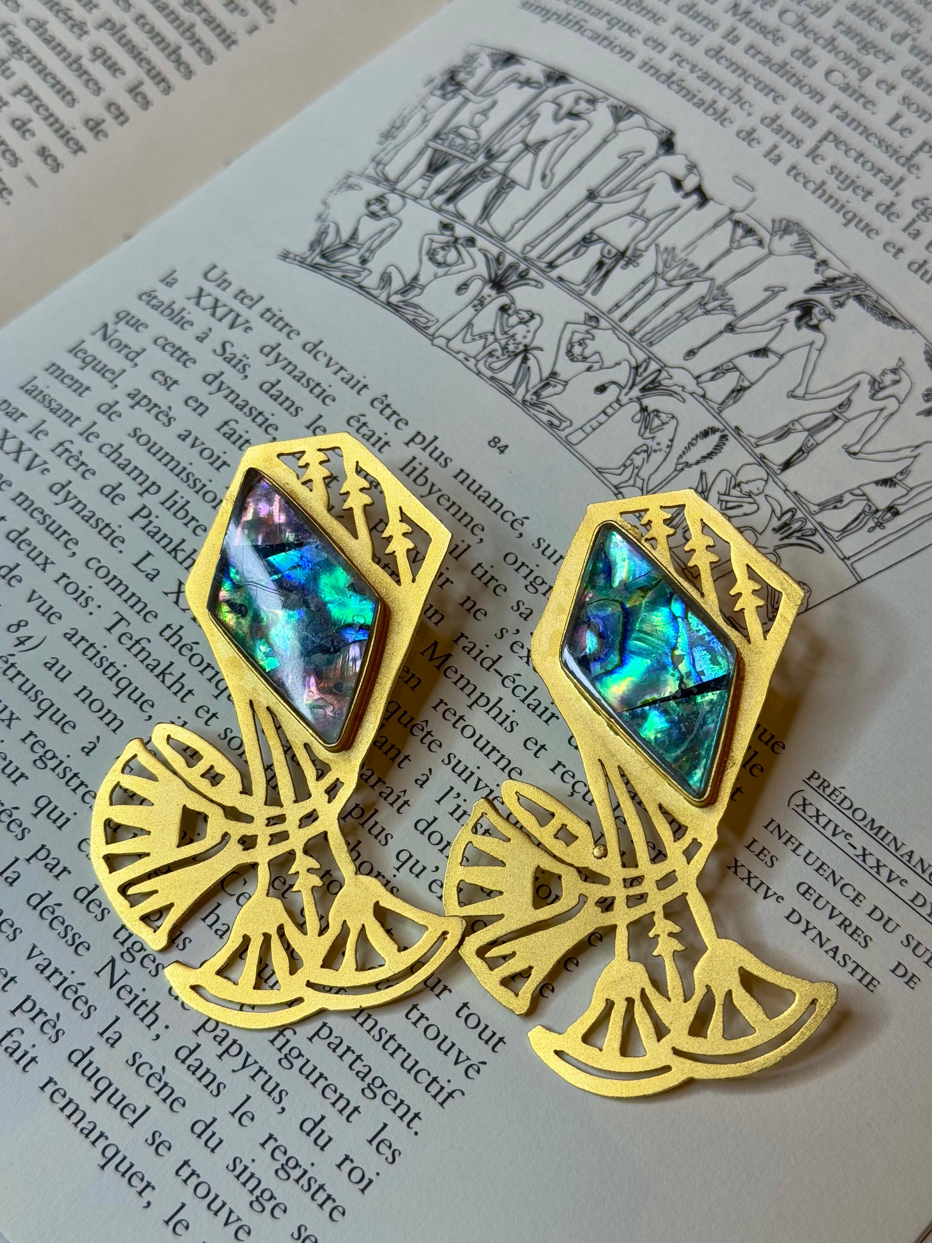 Boucles d'Oreilles Abalone et Lotus en Cuivre Plaqué Or